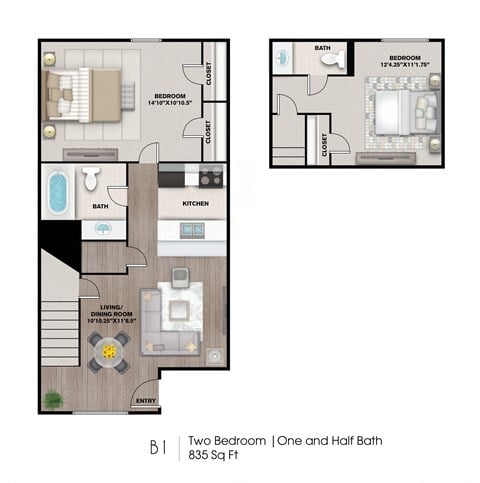 Floor plan for 2 beds, 1.5 baths, 835 sqft